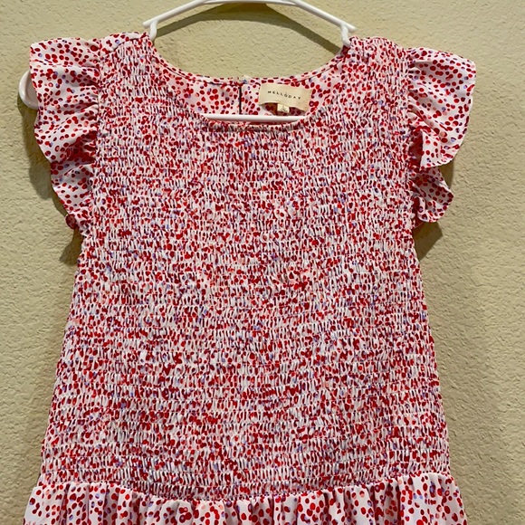 Red pink polka dots dress, ruffle sleeves, buttoned down racerback, w/ pockets - Picture 3 of 5
